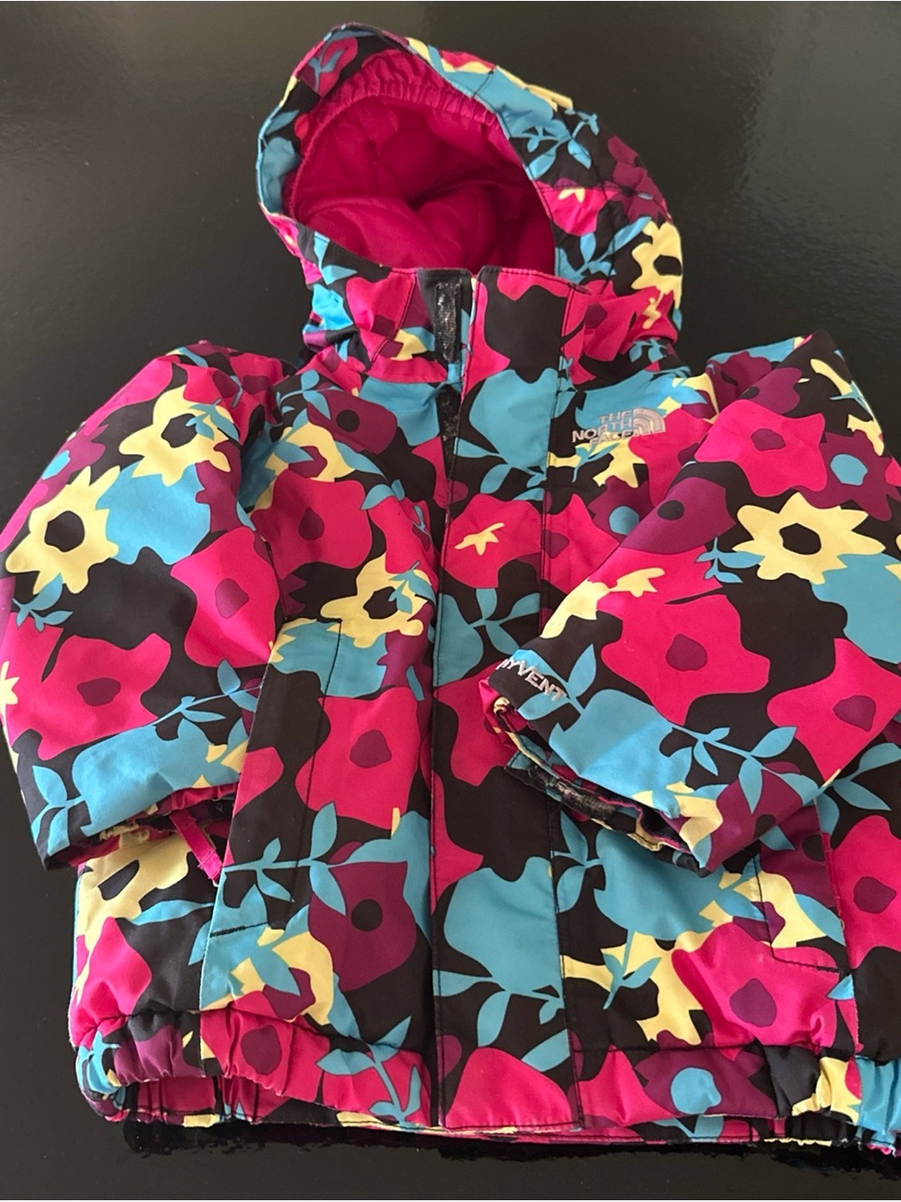 The North Face Girls Floral Hooded Puffer Jacket - Pink Blue Yellow Black 2T